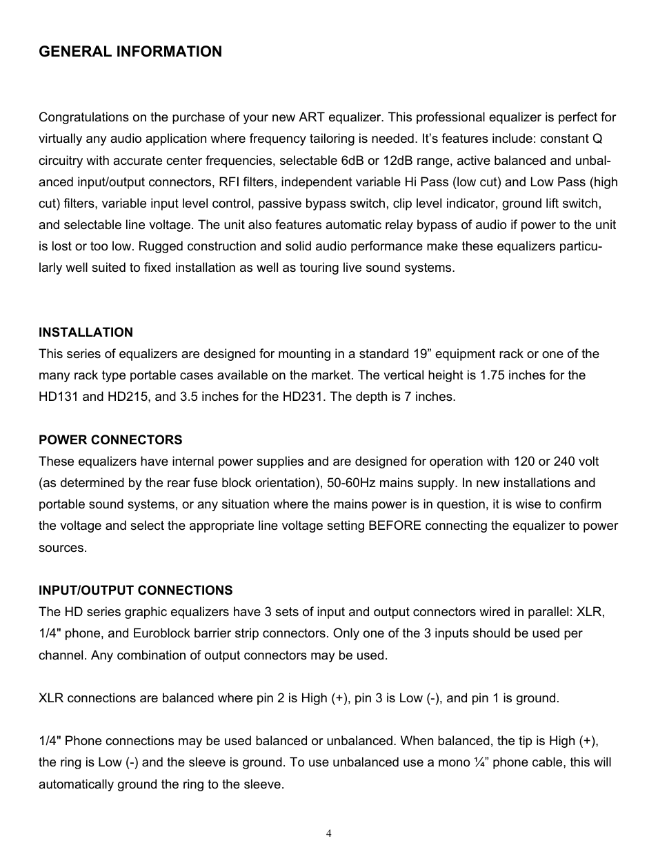 General information | ART Pro Audio HD-131 - Single 31 Band Graphic Equalizer User Manual | Page 4 / 16