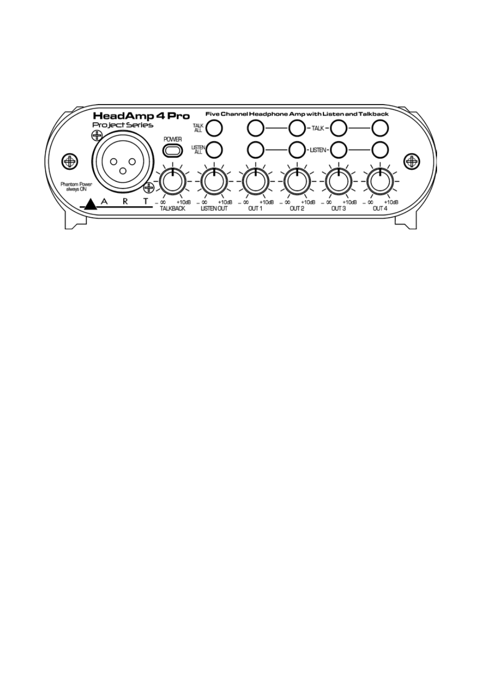 Front panel controls & indicators, Figure 1 - front view, External mic jack | Power switch, Talkback control, Xternal mic jack, Ower switch, Alkback control, Igure, Ront view | ART Pro Audio HeadAMP 4 Pro - Five Channel Headphone Amplifier with Talkback User Manual | Page 8 / 21