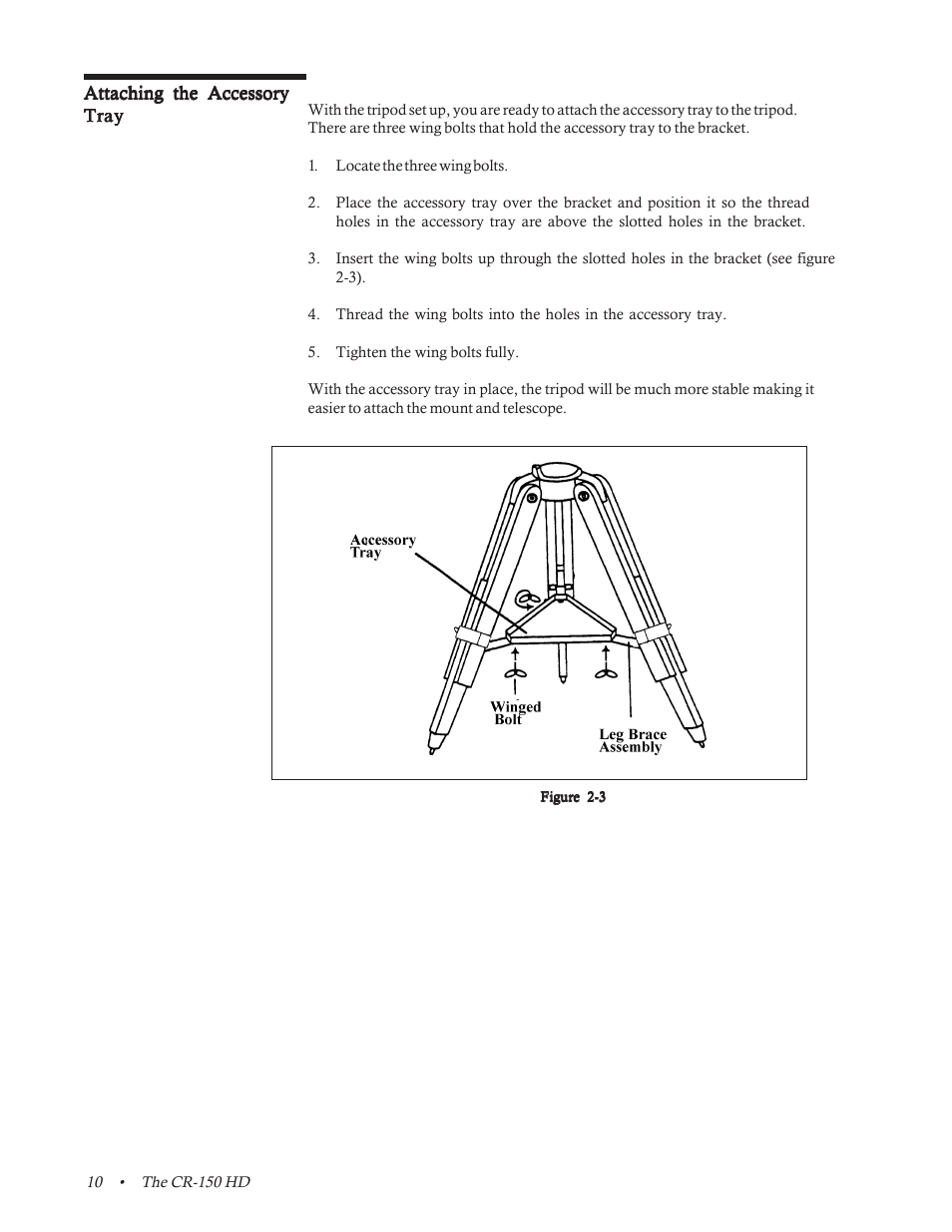 Attaching the accessory tray | Celestron CR-150 HD User Manual | Page 10 / 59