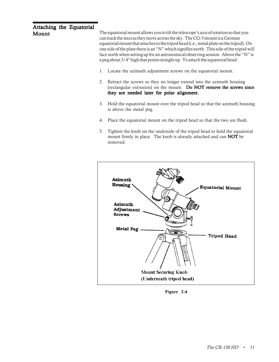 Attaching the equatorial mount | Celestron CR-150 HD User Manual | Page 11 / 59