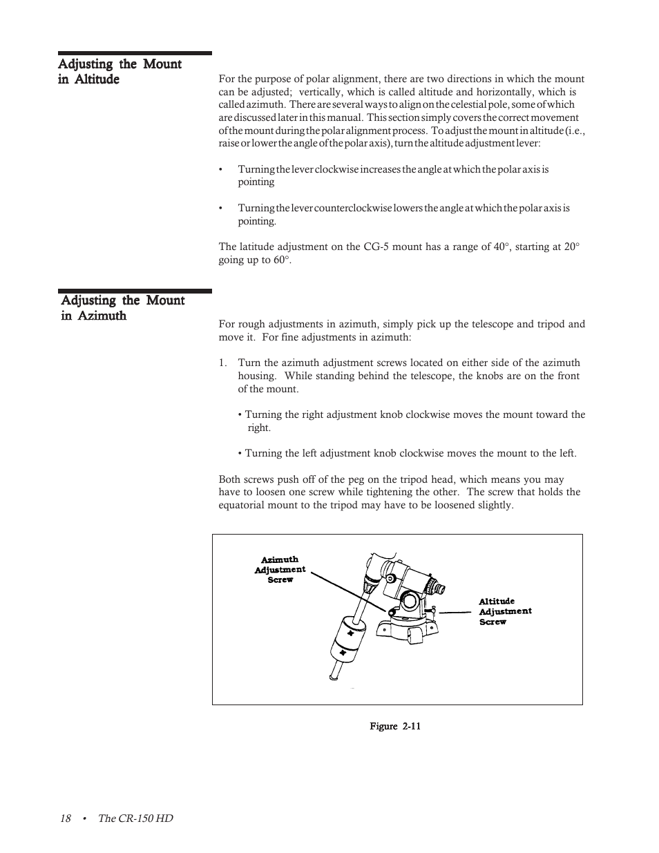 Adjusting the mount in altitude and azimuth | Celestron CR-150 HD User Manual | Page 18 / 59