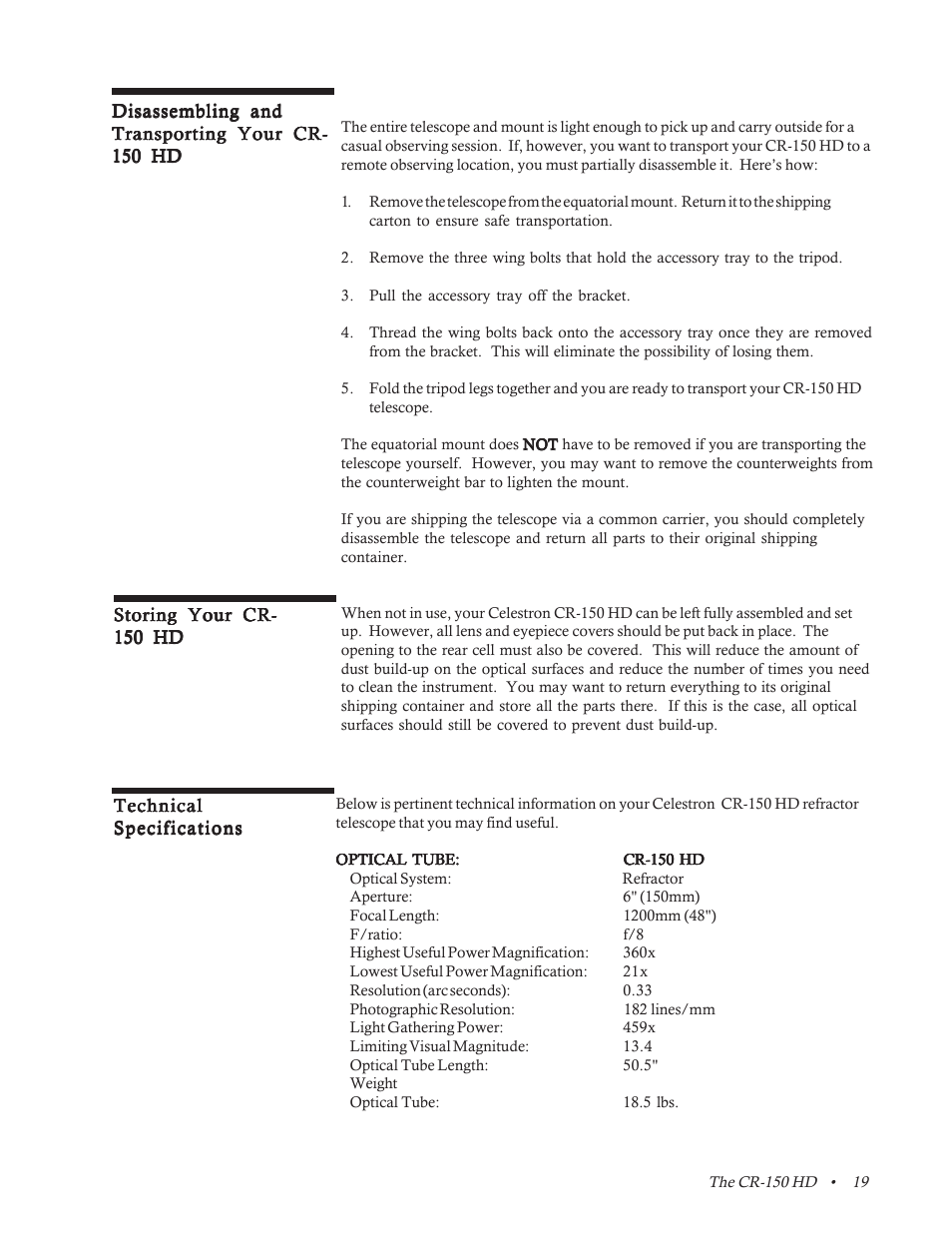 Technical specifications | Celestron CR-150 HD User Manual | Page 19 / 59