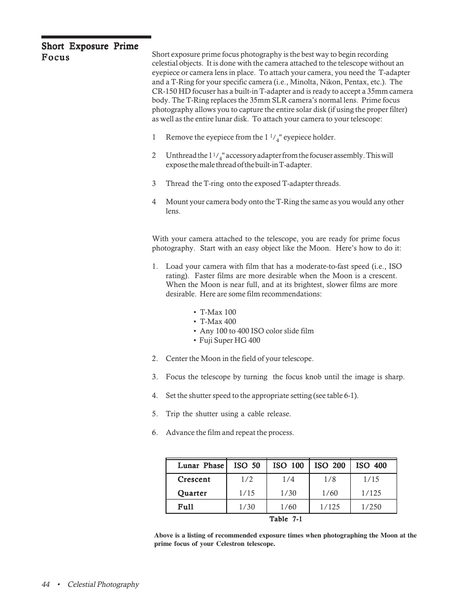 Short exposure prime focus | Celestron CR-150 HD User Manual | Page 44 / 59