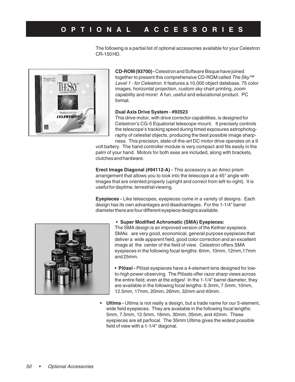 Optional accessories | Celestron CR-150 HD User Manual | Page 50 / 59