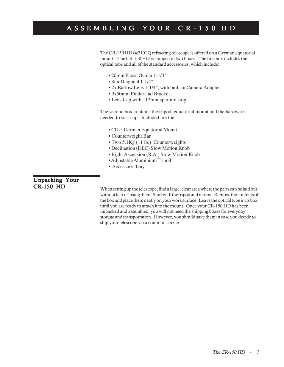 Assembling your cr-150 hd | Celestron CR-150 HD User Manual | Page 7 / 59