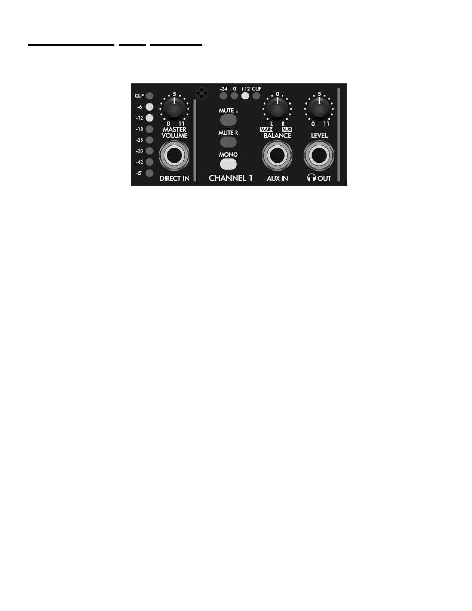 Controls and jacks, Front panel, Direct in jack | Master volume control, Mute l, mute r, and mono switches, Stereo aux in jack, Out jack, Stereo aux in jack out jack, Controls, And jacks | ART Pro Audio HeadAmp6 - 6 Ch. Headphone Amp User Manual | Page 5 / 12