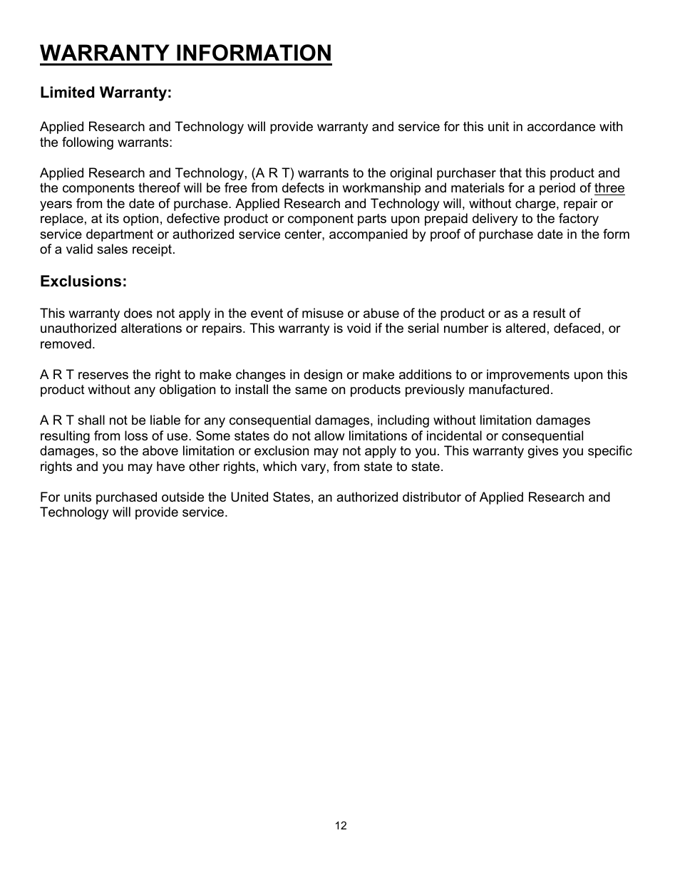 Warranty information, Limited warranty, Exclusions | ART Pro Audio HeadAmp6 Pro - 6 Ch. Pro Headphone Amp User Manual | Page 12 / 16