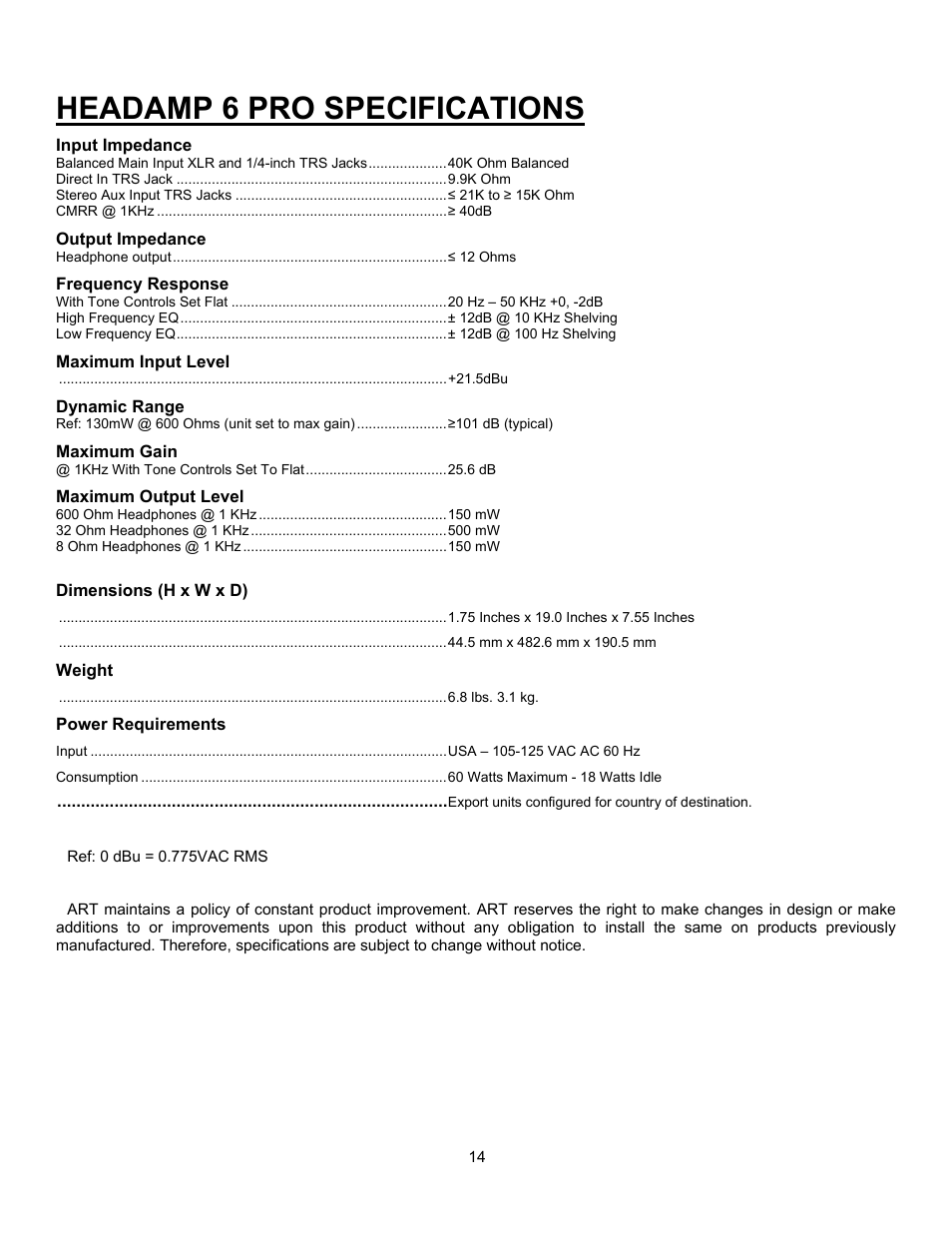 Headamp 6 pro specifications | ART Pro Audio HeadAmp6 Pro - 6 Ch. Pro Headphone Amp User Manual | Page 14 / 16