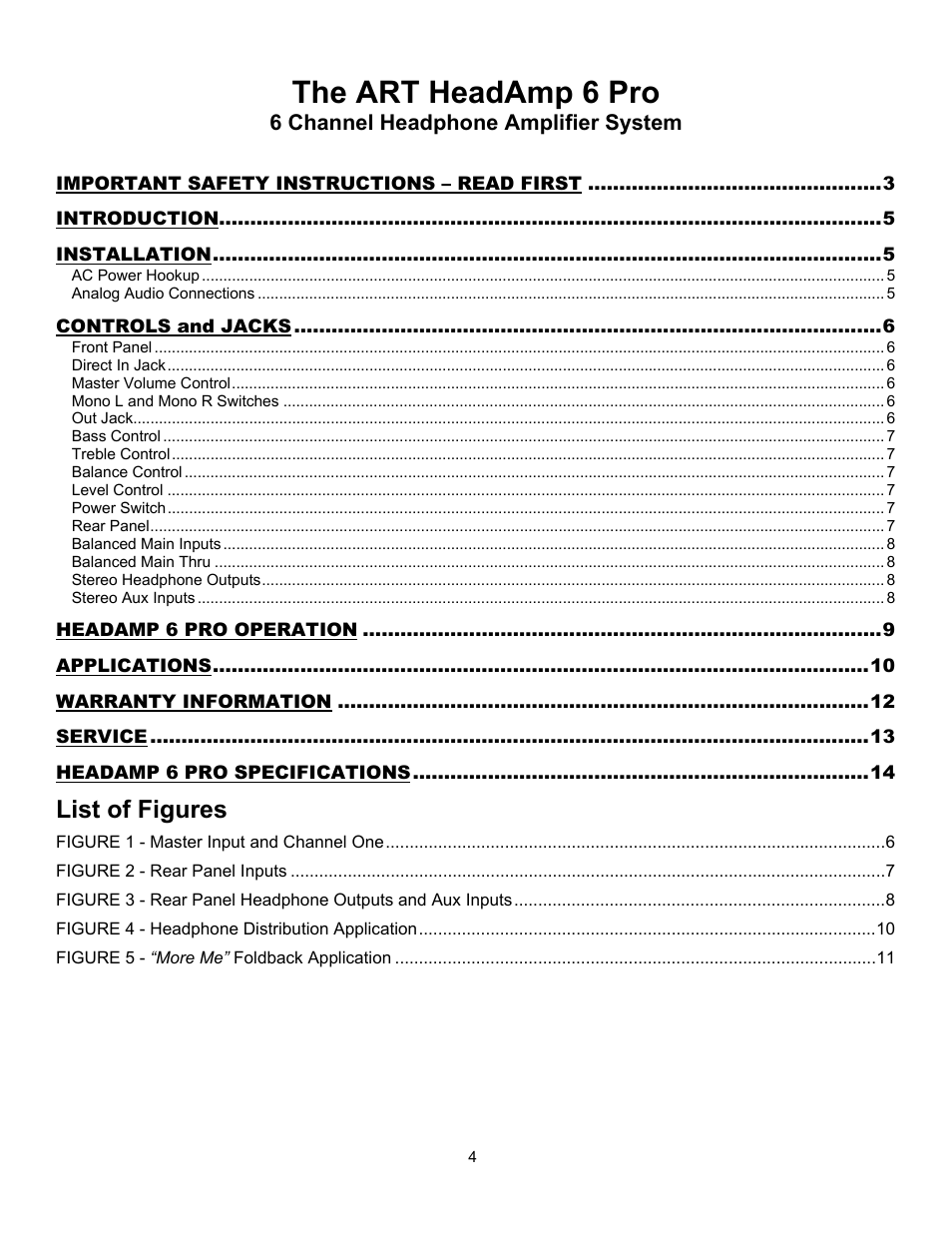 The art headamp 6 pro, List of figures | ART Pro Audio HeadAmp6 Pro - 6 Ch. Pro Headphone Amp User Manual | Page 4 / 16