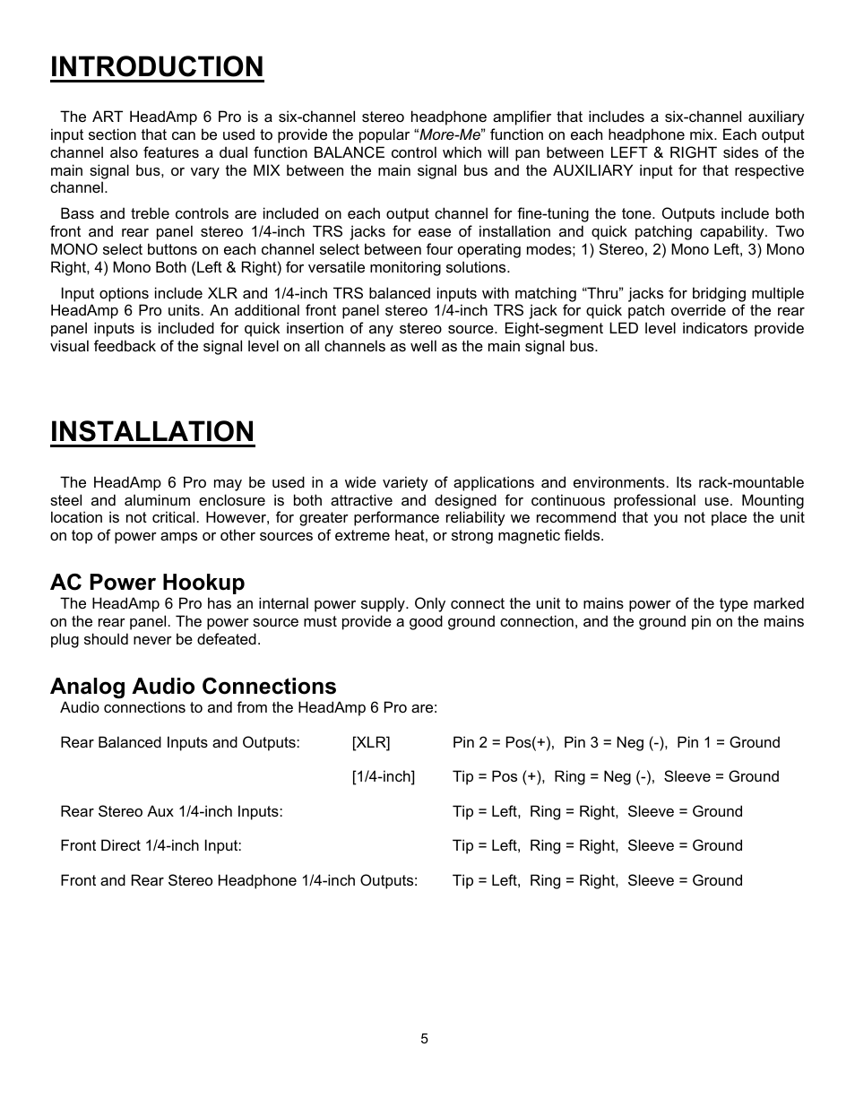 Introduction, Installation, Ac power hookup | Analog audio connections, Introduction installation, Ac power hookup analog audio connections | ART Pro Audio HeadAmp6 Pro - 6 Ch. Pro Headphone Amp User Manual | Page 5 / 16