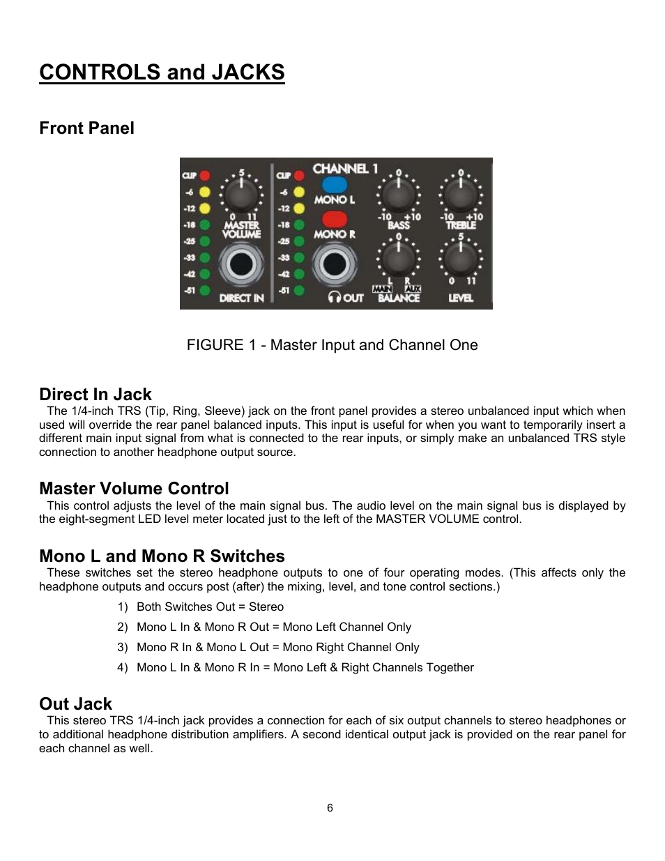 Controls and jacks, Front panel, Figure 1 - master input and channel one | Direct in jack, Master volume control, Mono l and mono r switches, Out jack | ART Pro Audio HeadAmp6 Pro - 6 Ch. Pro Headphone Amp User Manual | Page 6 / 16