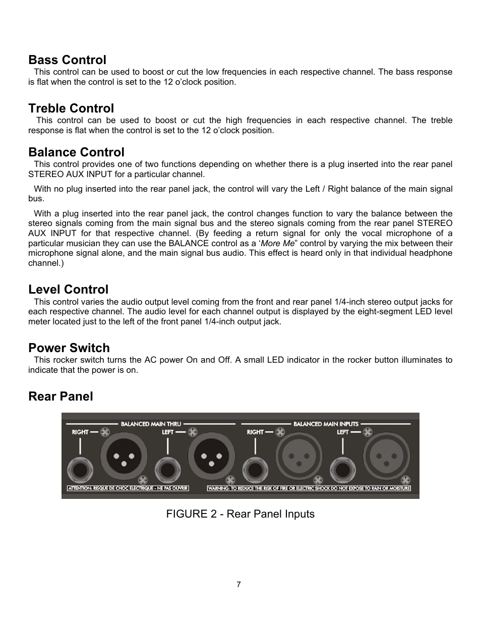 Bass control, Treble control, Balance control | Level control, Power switch, Rear panel, Figure 2 - rear panel inputs | ART Pro Audio HeadAmp6 Pro - 6 Ch. Pro Headphone Amp User Manual | Page 7 / 16