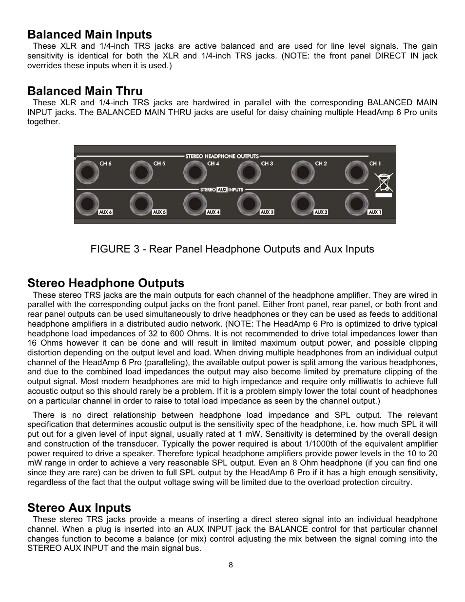 Balanced main inputs, Balanced main thru, Stereo headphone outputs | Stereo aux inputs | ART Pro Audio HeadAmp6 Pro - 6 Ch. Pro Headphone Amp User Manual | Page 8 / 16