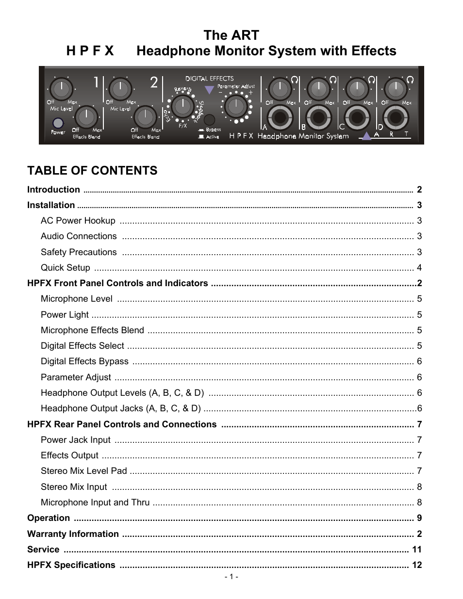 ART Pro Audio HPFX - Headphone Mixer/Amplifier User Manual | 12 pages