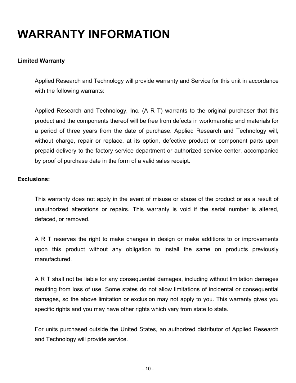Warranty information | ART Pro Audio HPFX - Headphone Mixer/Amplifier User Manual | Page 10 / 12