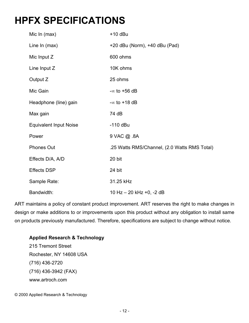 Hpfx specifications | ART Pro Audio HPFX - Headphone Mixer/Amplifier User Manual | Page 12 / 12
