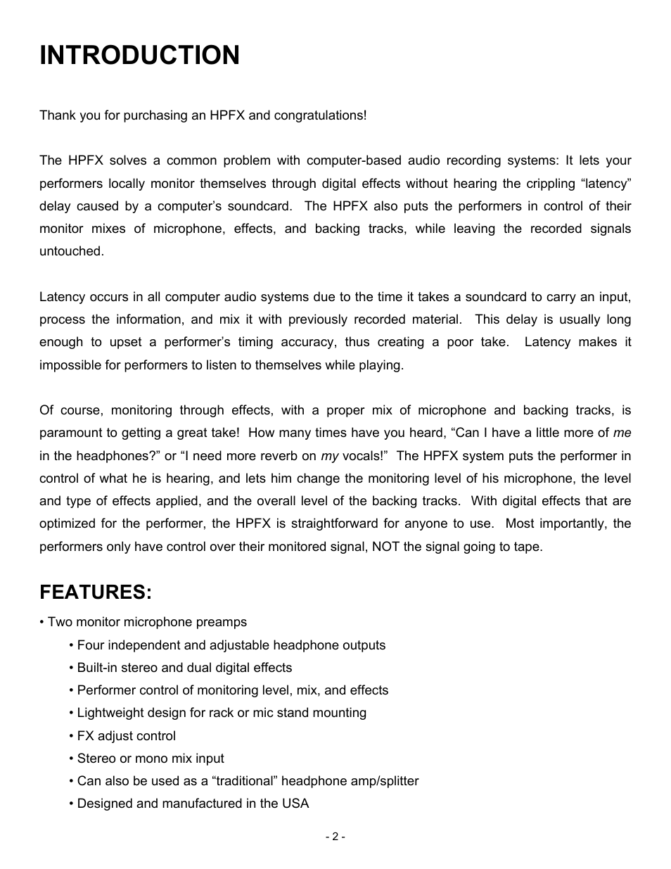 Introduction, Features | ART Pro Audio HPFX - Headphone Mixer/Amplifier User Manual | Page 2 / 12
