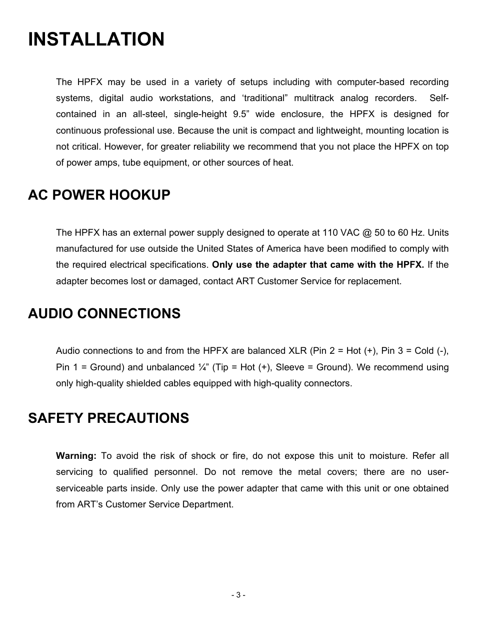 Installation, Ac power hookup, Audio connections | Safety precautions | ART Pro Audio HPFX - Headphone Mixer/Amplifier User Manual | Page 3 / 12