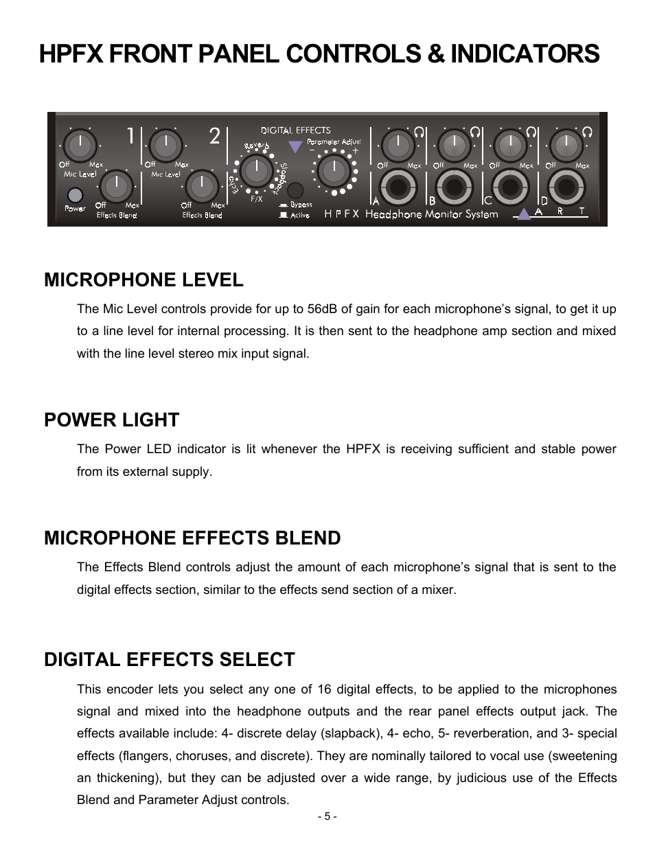 Hpfx front panel controls & indicators, Microphone level, Power light | Microphone effects blend, Digital effects select | ART Pro Audio HPFX - Headphone Mixer/Amplifier User Manual | Page 5 / 12