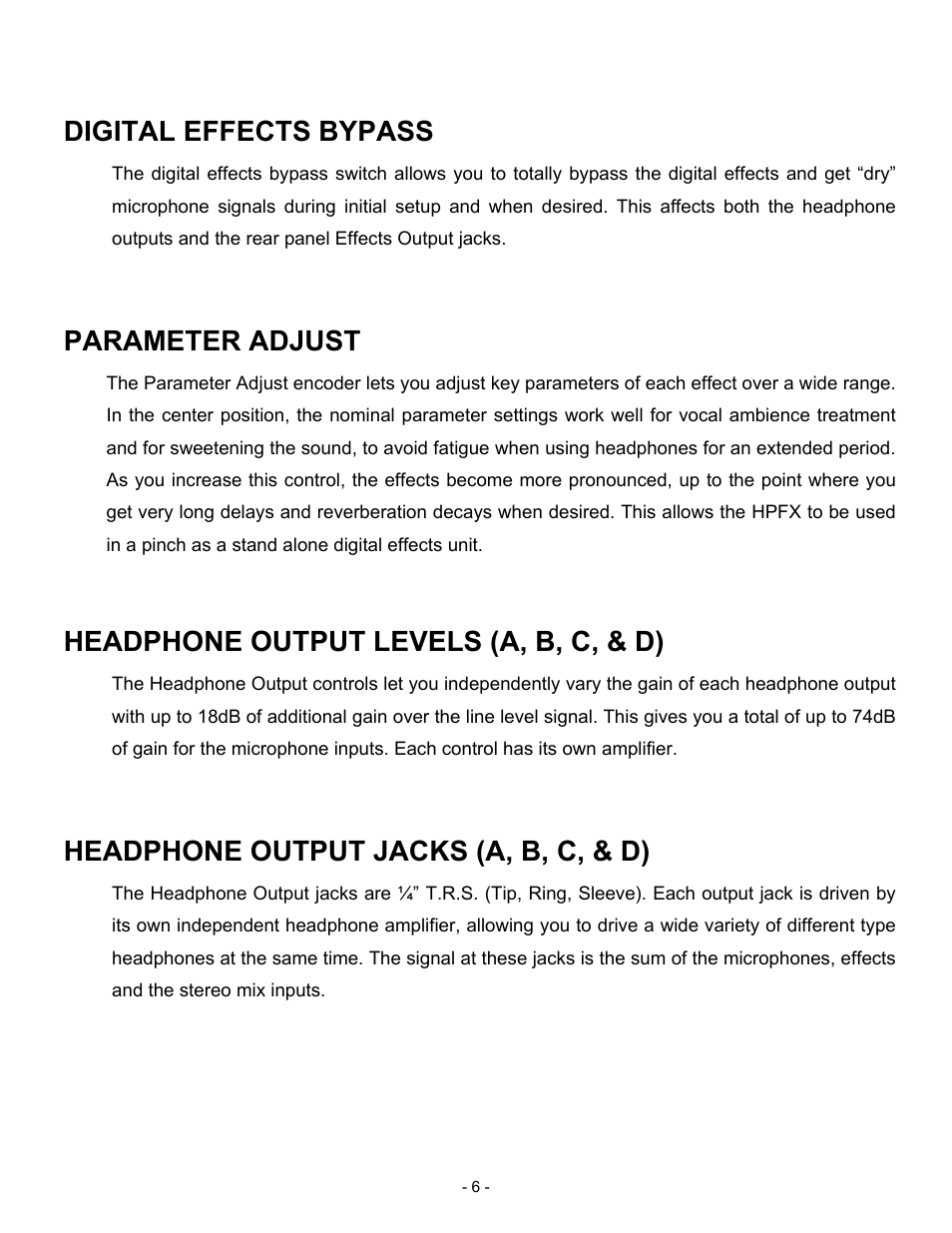 Digital effects bypass, Parameter adjust, Headphone output levels (a, b, c, & d) | Headphone output jacks (a, b, c, & d) | ART Pro Audio HPFX - Headphone Mixer/Amplifier User Manual | Page 6 / 12