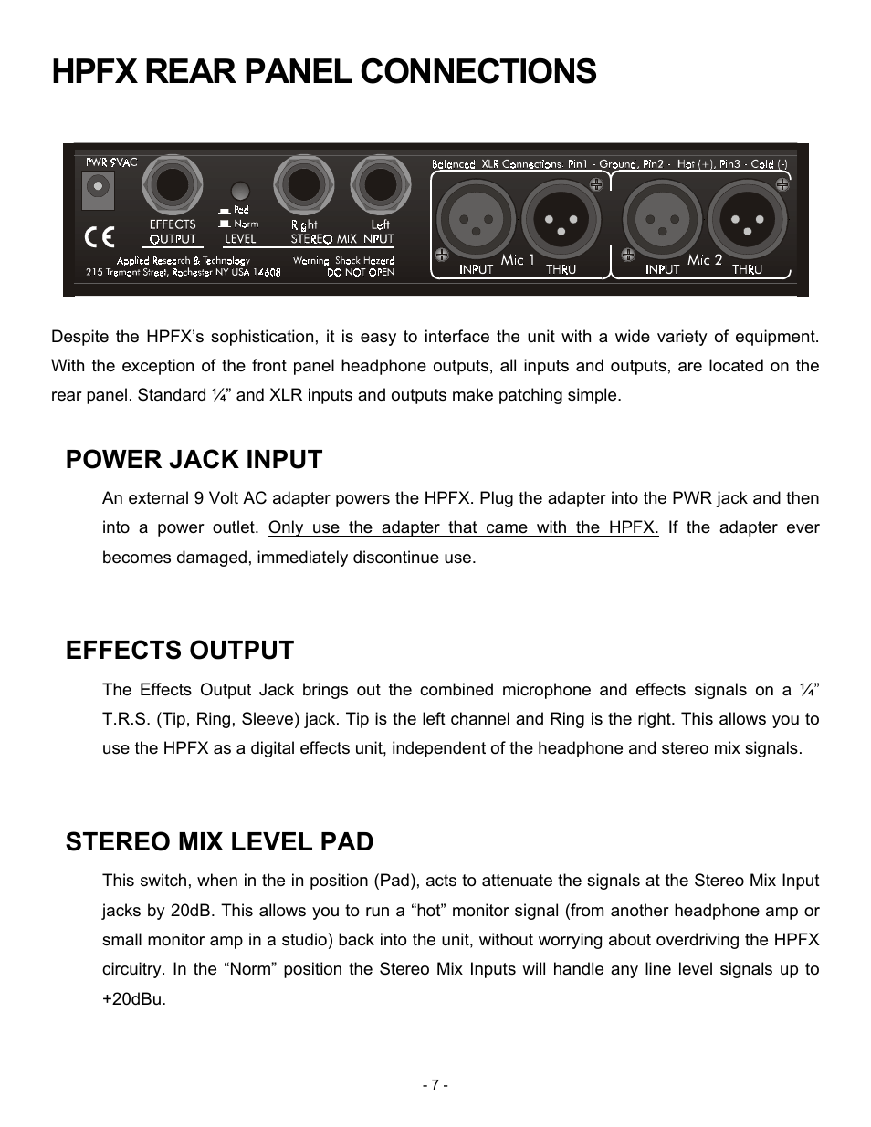 Hpfx rear panel connections, Power jack input, Effects output | Stereo mix level pad | ART Pro Audio HPFX - Headphone Mixer/Amplifier User Manual | Page 7 / 12