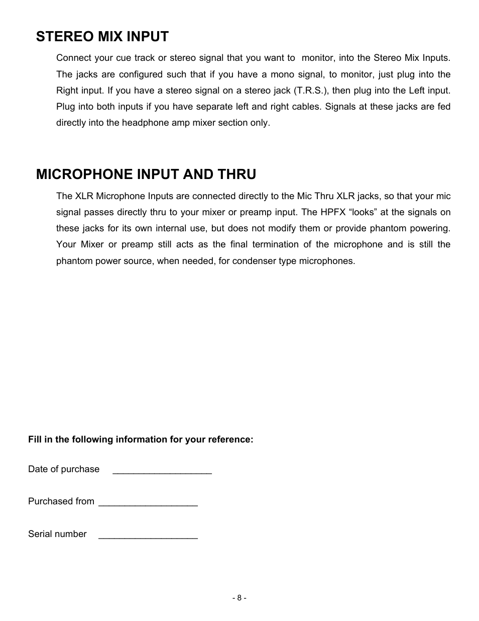Stereo mix input, Microphone input and thru | ART Pro Audio HPFX - Headphone Mixer/Amplifier User Manual | Page 8 / 12