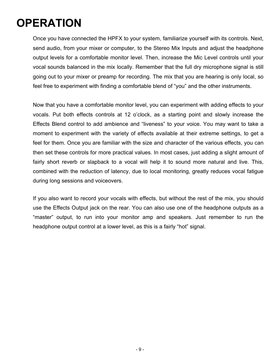 Operation | ART Pro Audio HPFX - Headphone Mixer/Amplifier User Manual | Page 9 / 12
