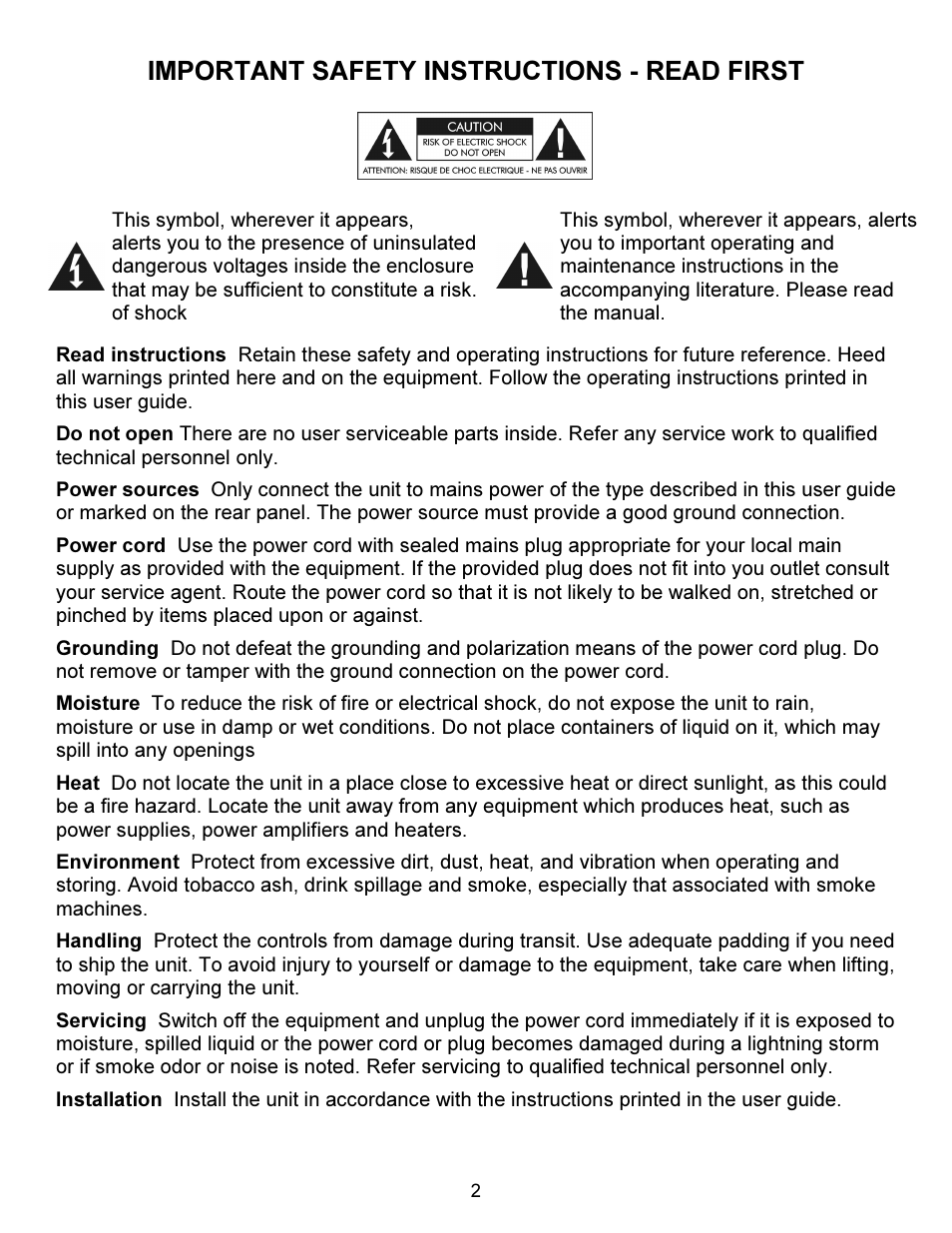 Important safety instructions - read first | ART Pro Audio MX624 - Six Channel Stereo Mixer User Manual | Page 2 / 16