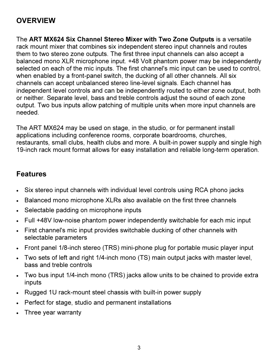Overview, Features | ART Pro Audio MX624 - Six Channel Stereo Mixer User Manual | Page 3 / 16
