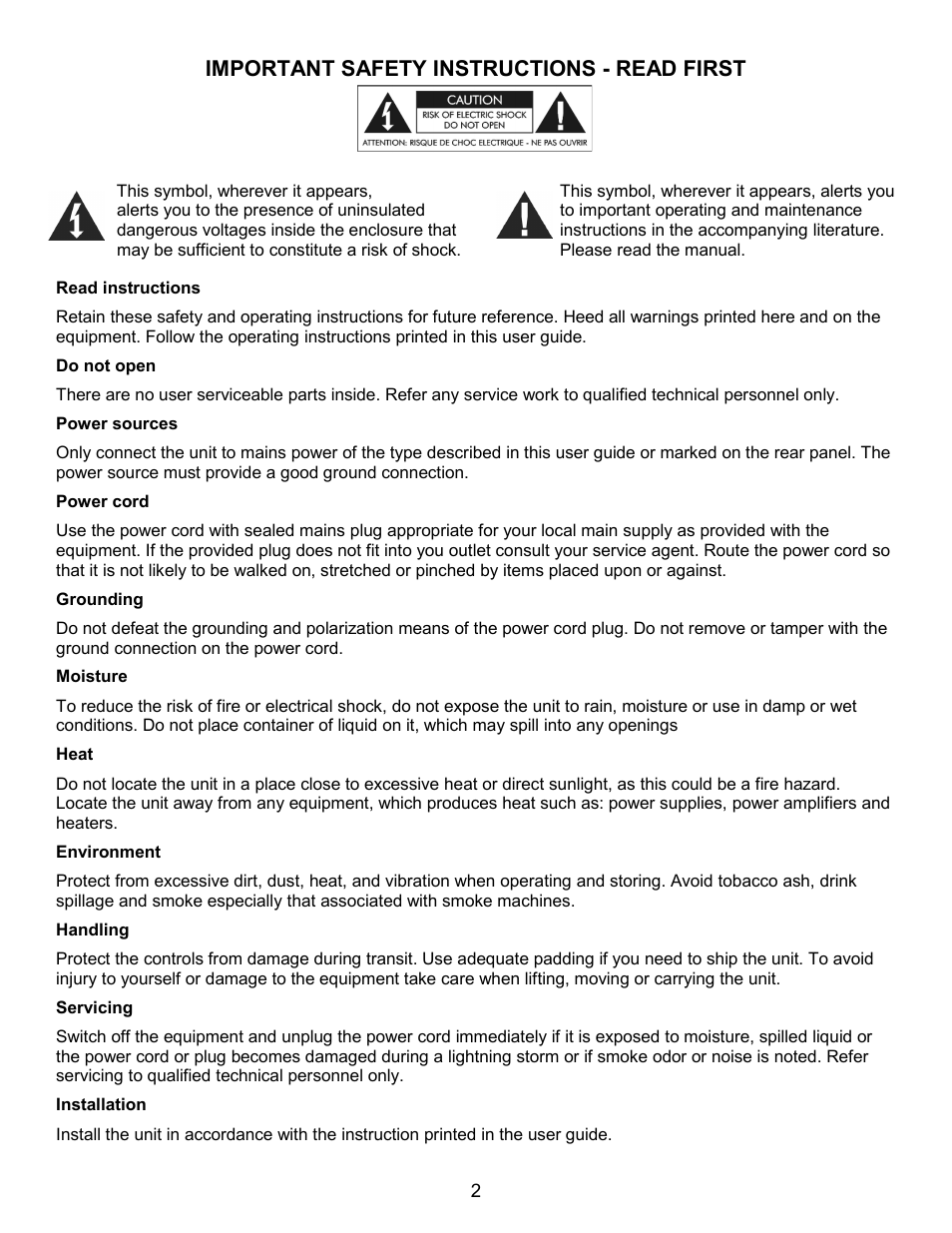 Important safety instructions - read first | ART Pro Audio MX822 - 8-Channel Stereo Mixer with Effects Loop User Manual | Page 2 / 12