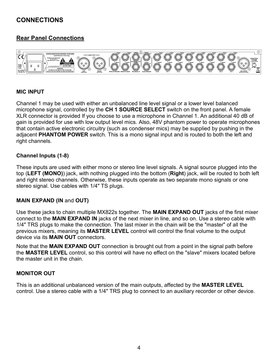 Connections, Urear panel connections, Mic input | Channel inputs (1-8), Main expand (in and out), Monitor out | ART Pro Audio MX822 - 8-Channel Stereo Mixer with Effects Loop User Manual | Page 4 / 12