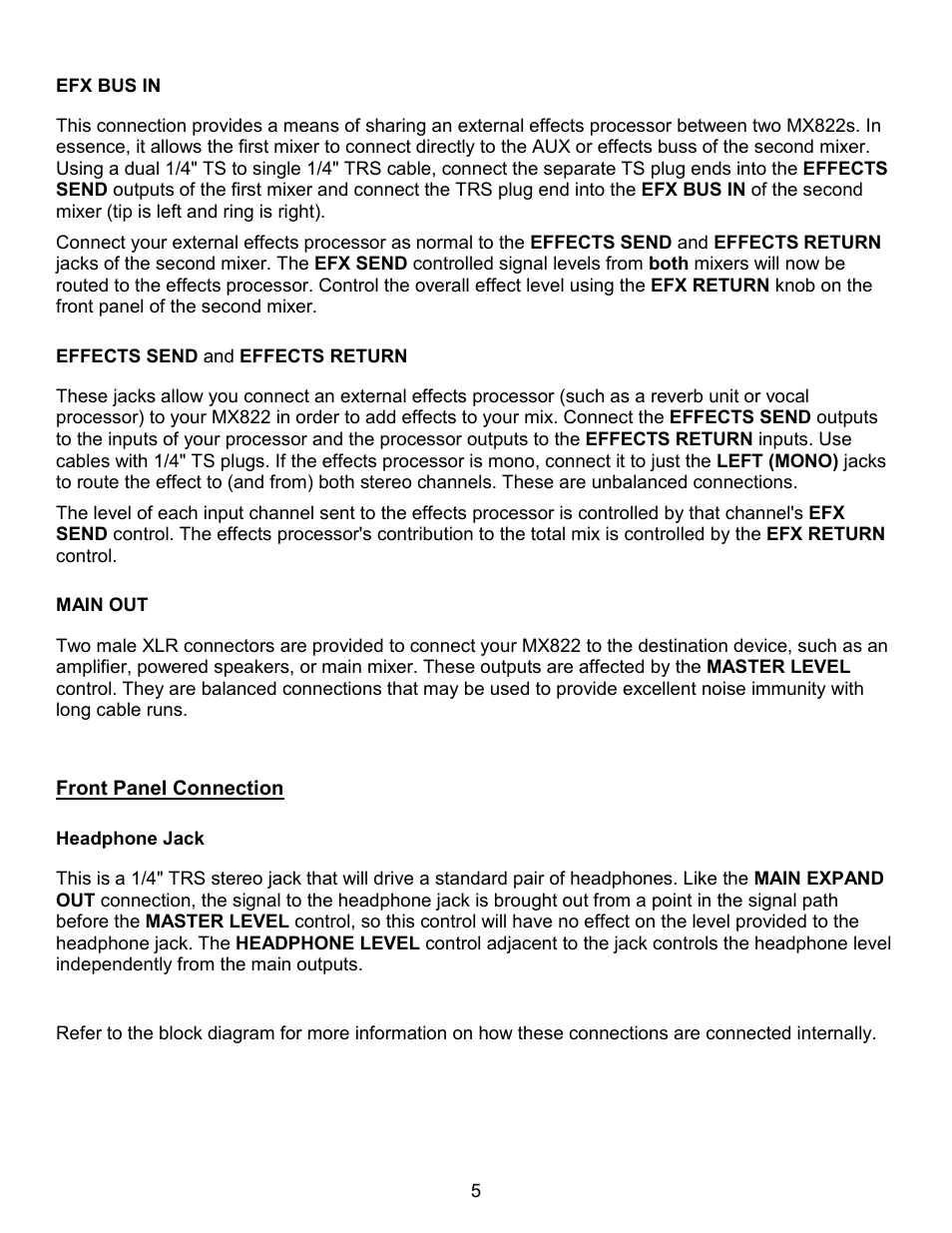 Efx bus in, Effects send and effects return, Main out | Ufront panel connection, Headphone jack | ART Pro Audio MX822 - 8-Channel Stereo Mixer with Effects Loop User Manual | Page 5 / 12