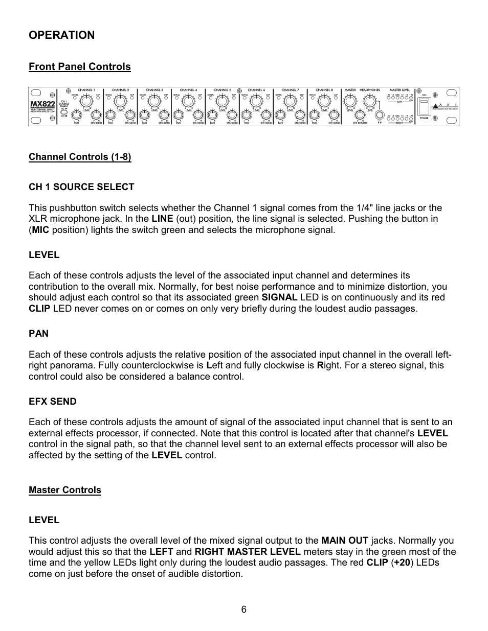 Operation, Ufront panel controls, Uchannel controls (1-8) | Ch 1 source select, Level, Efx send, Umaster controls | ART Pro Audio MX822 - 8-Channel Stereo Mixer with Effects Loop User Manual | Page 6 / 12