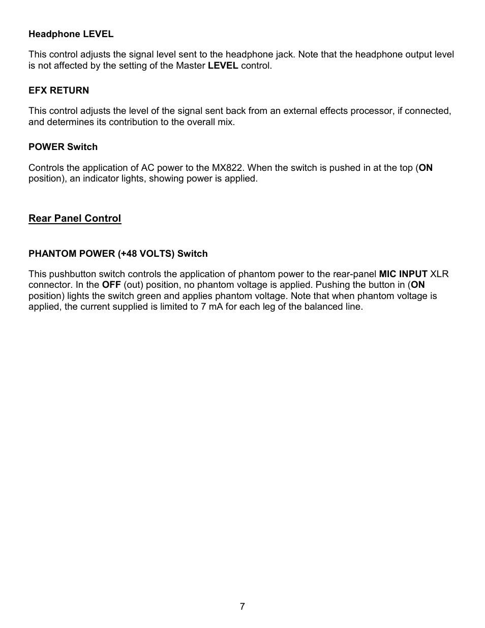 Headphone level, Efx return, Power switch | Urear panel control, Phantom power (+48 volts) switch | ART Pro Audio MX822 - 8-Channel Stereo Mixer with Effects Loop User Manual | Page 7 / 12