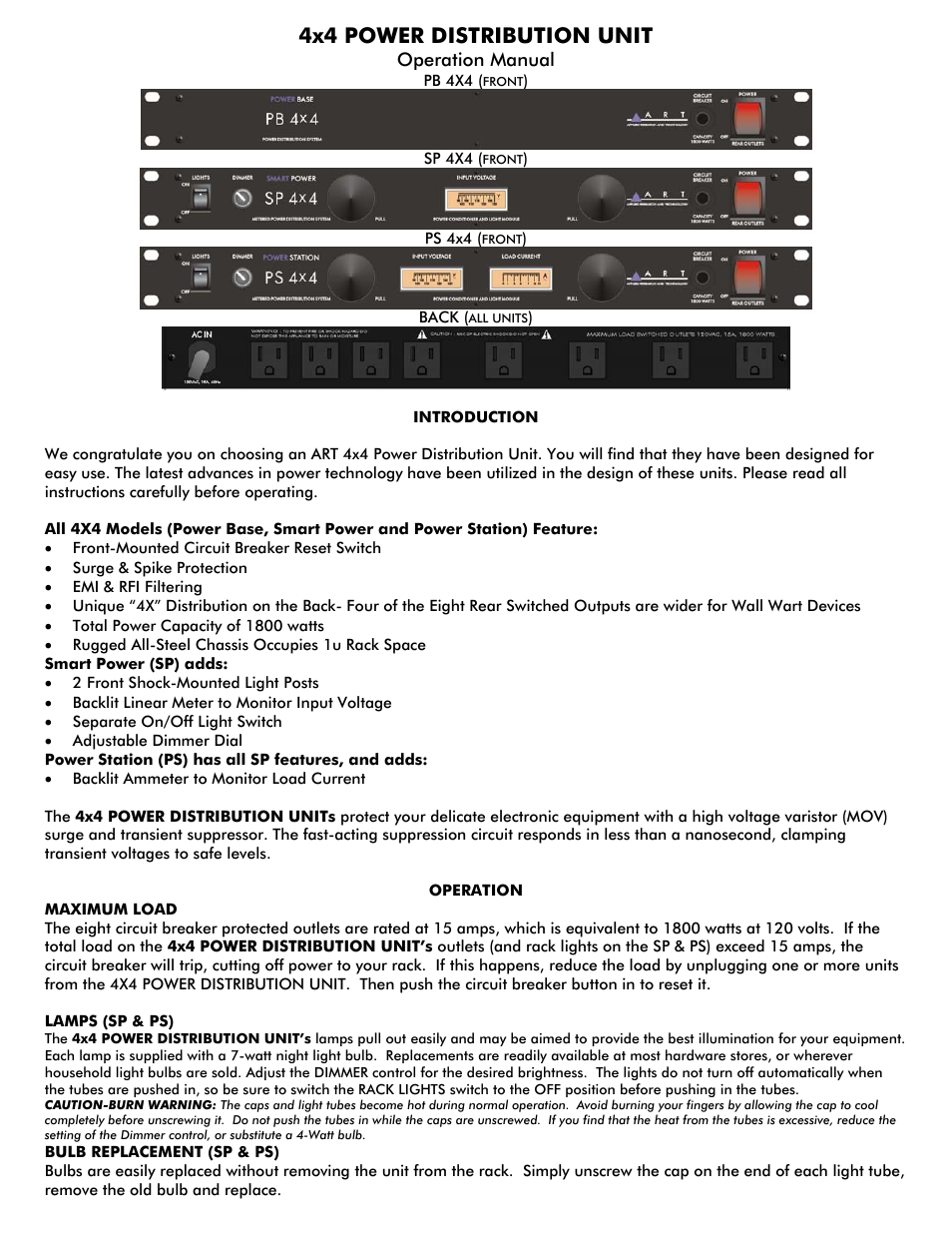 ART Pro Audio PB4x4 - Power Distribution System User Manual | 2 pages