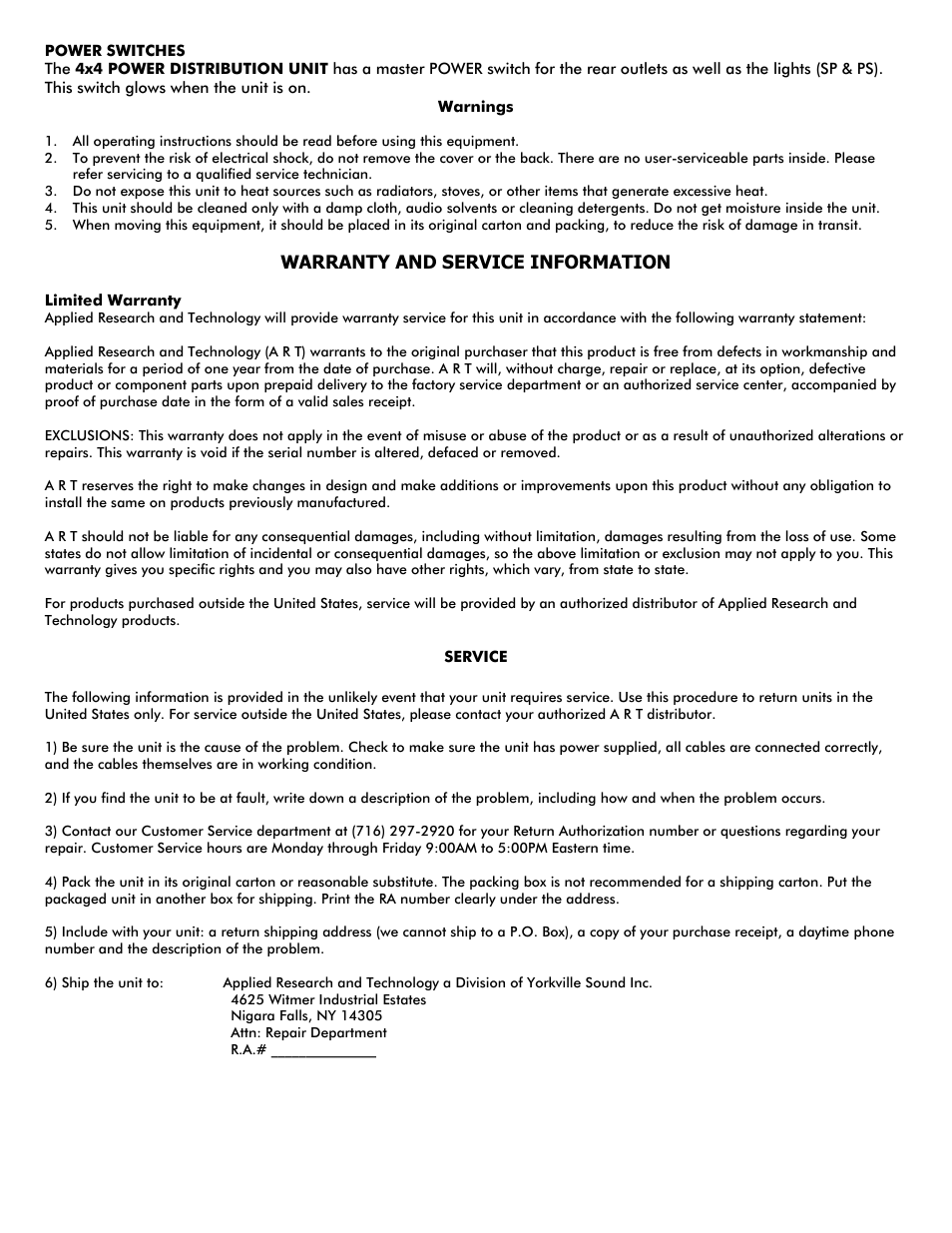 Warranty and service information | ART Pro Audio PB4x4 - Power Distribution System User Manual | Page 2 / 2