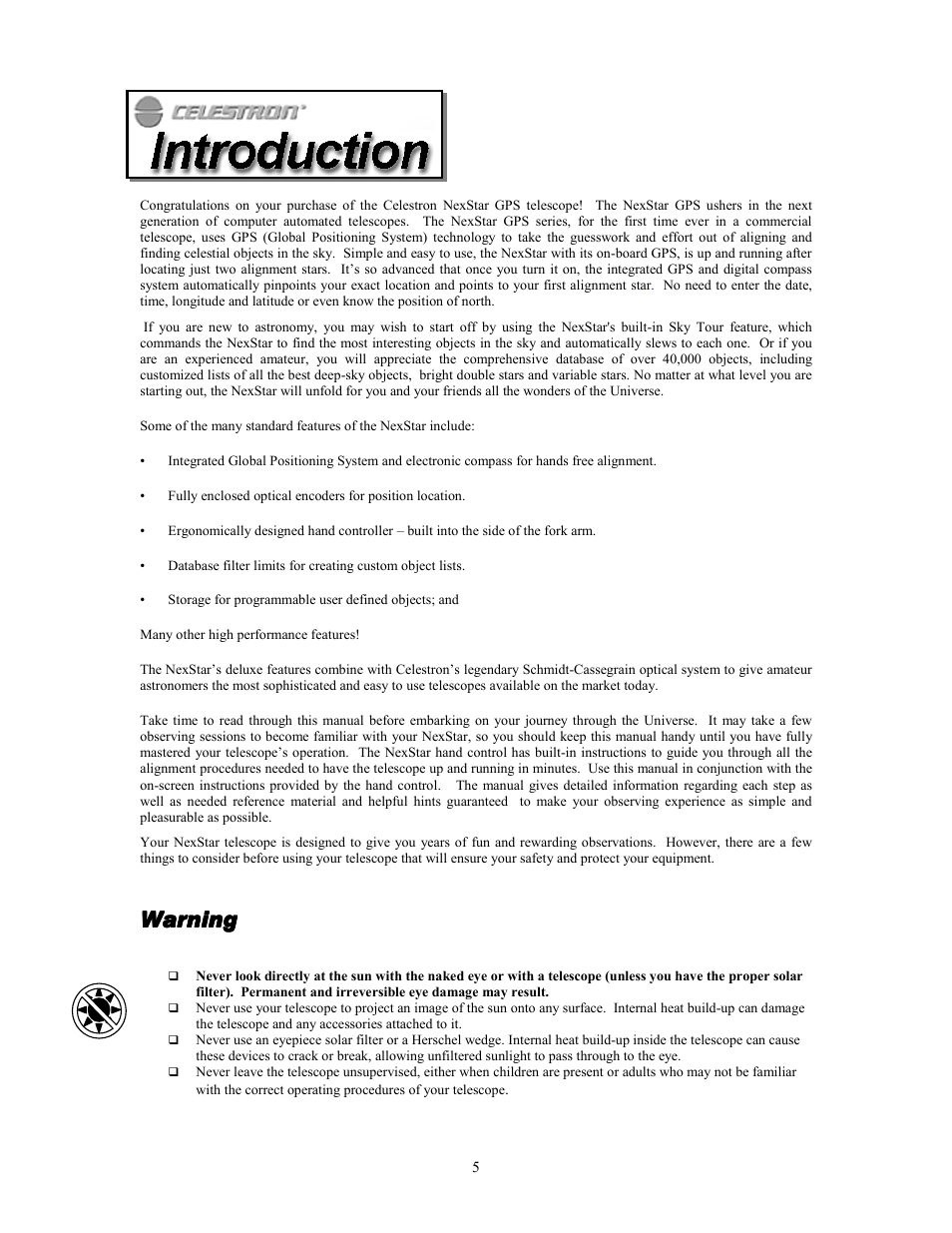 Warning | Celestron NexStar GPS 93507 User Manual | Page 5 / 74