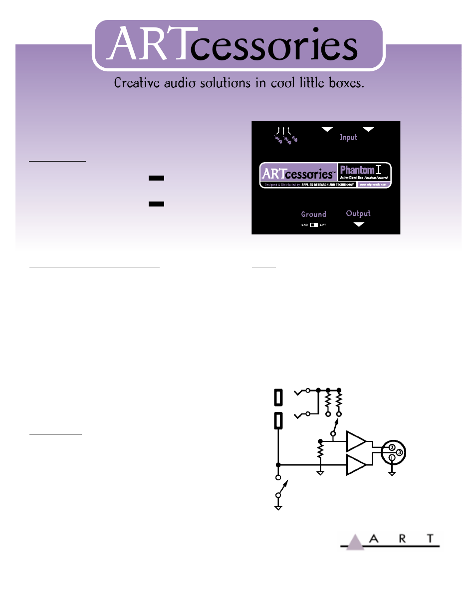 ART Pro Audio Phantom I - Active Direct Box w/ Phantom Power User Manual | 1 page