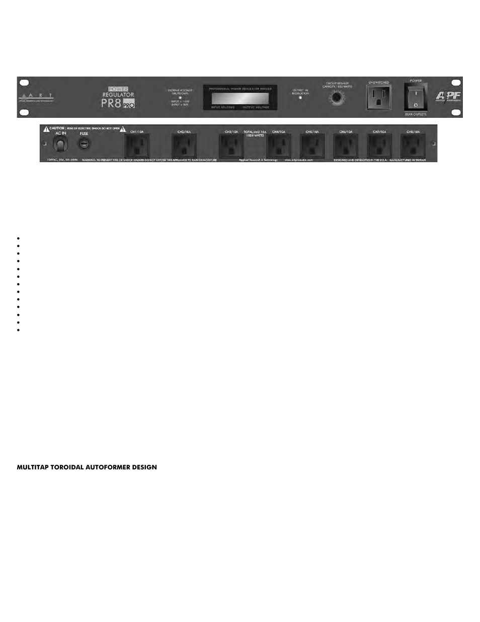 ART Pro Audio PR8 PRO - Professional Power Regulator User Manual | 2 pages