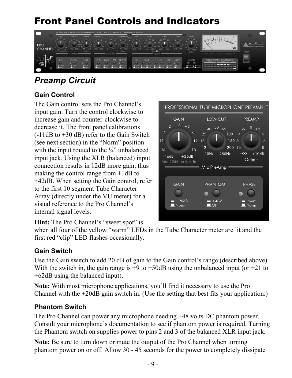 Front panel controls and indicators, Preamp circuit | ART Pro Audio Pro Channel - Mic Preamp/Compressor/EQ User Manual | Page 10 / 27