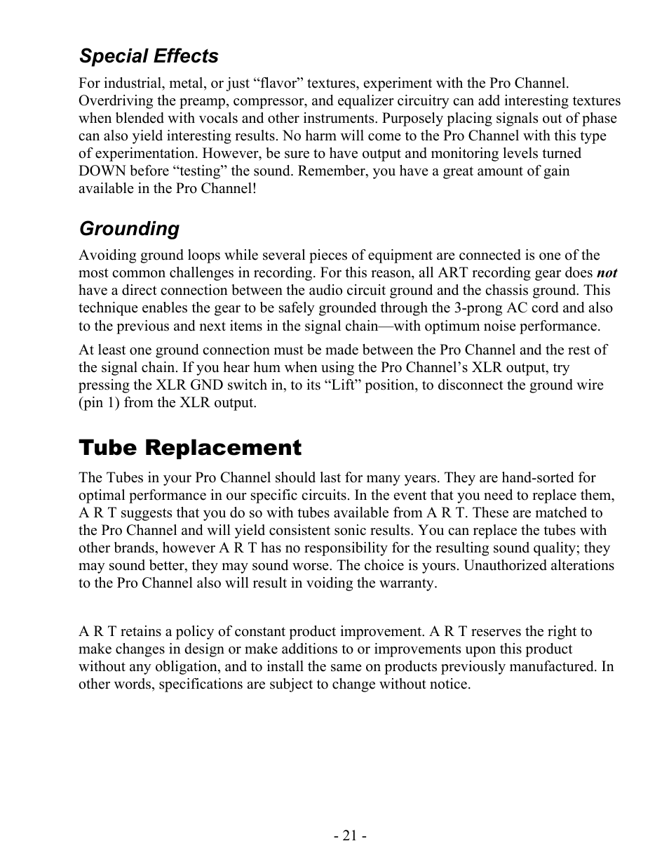 Tube replacement, Special effects, Grounding | ART Pro Audio Pro Channel - Mic Preamp/Compressor/EQ User Manual | Page 22 / 27