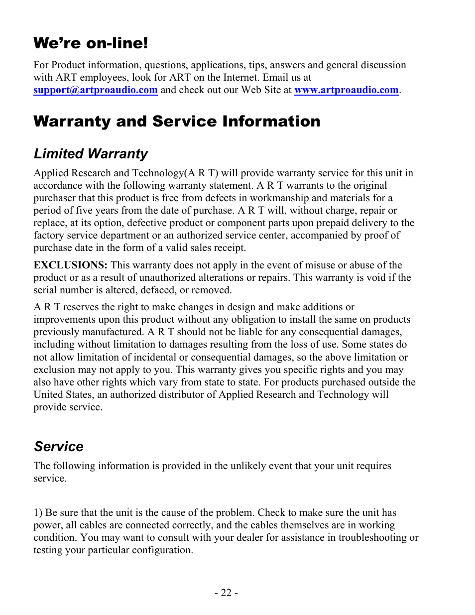 We’re on-line, Warranty and service information, Limited warranty | Service | ART Pro Audio Pro Channel - Mic Preamp/Compressor/EQ User Manual | Page 23 / 27