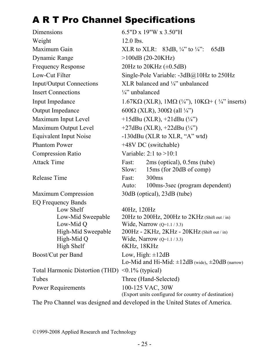 A r t pro channel specifications | ART Pro Audio Pro Channel - Mic Preamp/Compressor/EQ User Manual | Page 26 / 27
