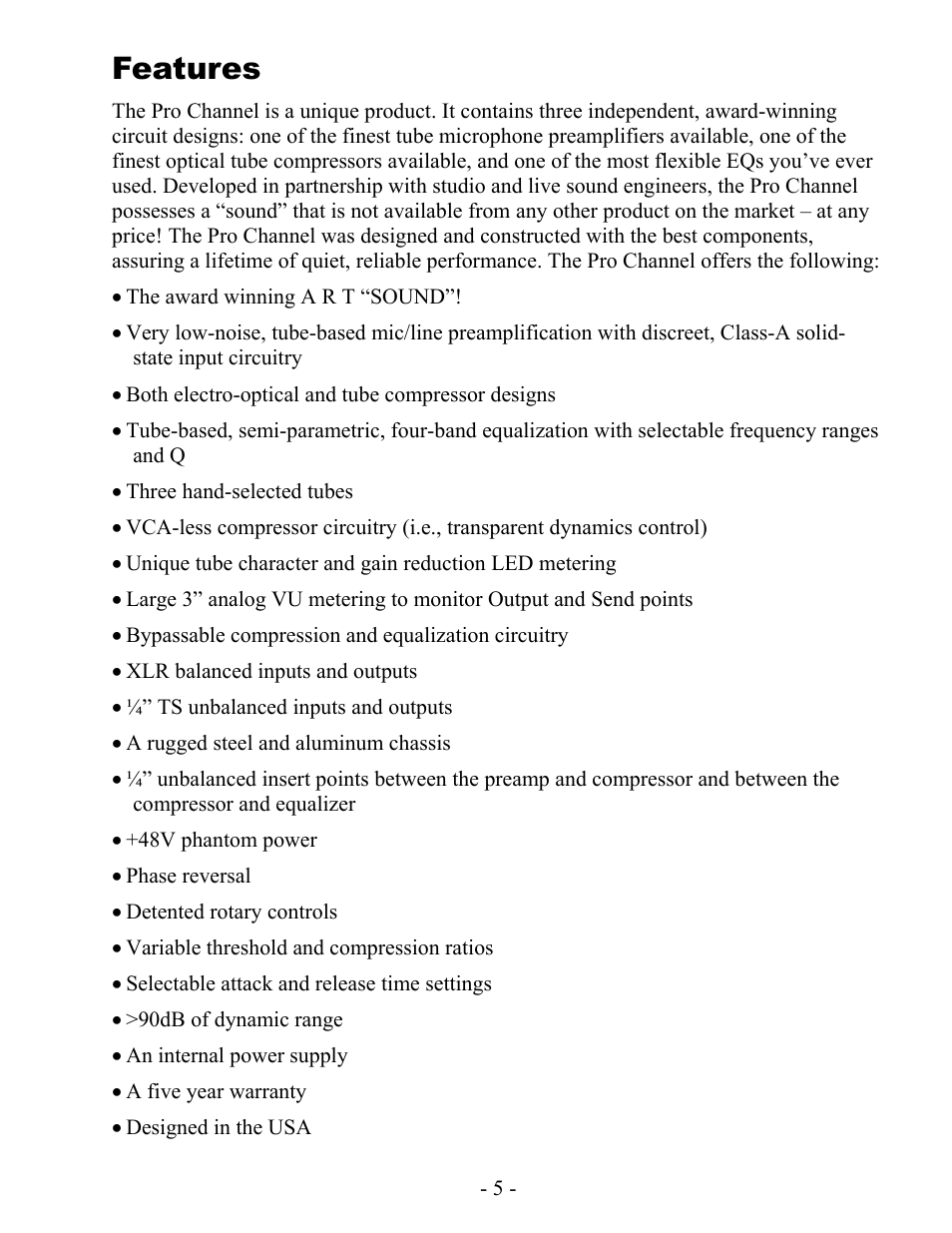 Features | ART Pro Audio Pro Channel - Mic Preamp/Compressor/EQ User Manual | Page 6 / 27