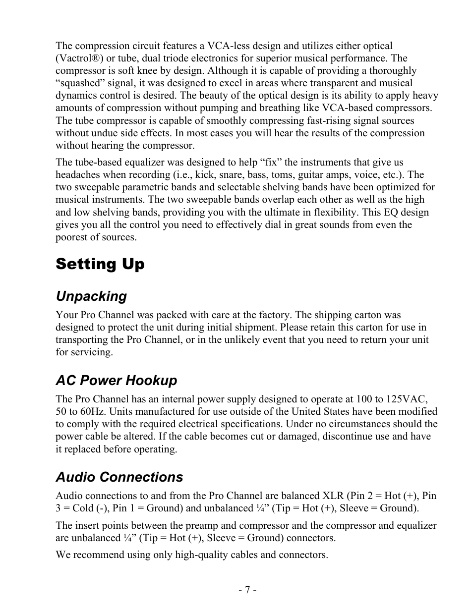 Setting up, Unpacking, Ac power hookup | Audio connections | ART Pro Audio Pro Channel - Mic Preamp/Compressor/EQ User Manual | Page 8 / 27