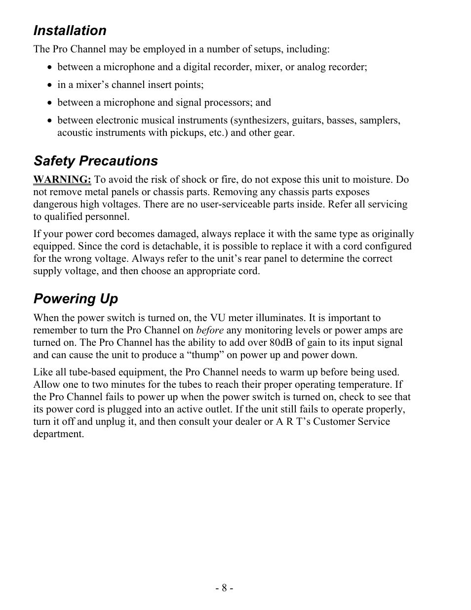 Installation, Safety precautions, Powering up | ART Pro Audio Pro Channel - Mic Preamp/Compressor/EQ User Manual | Page 9 / 27