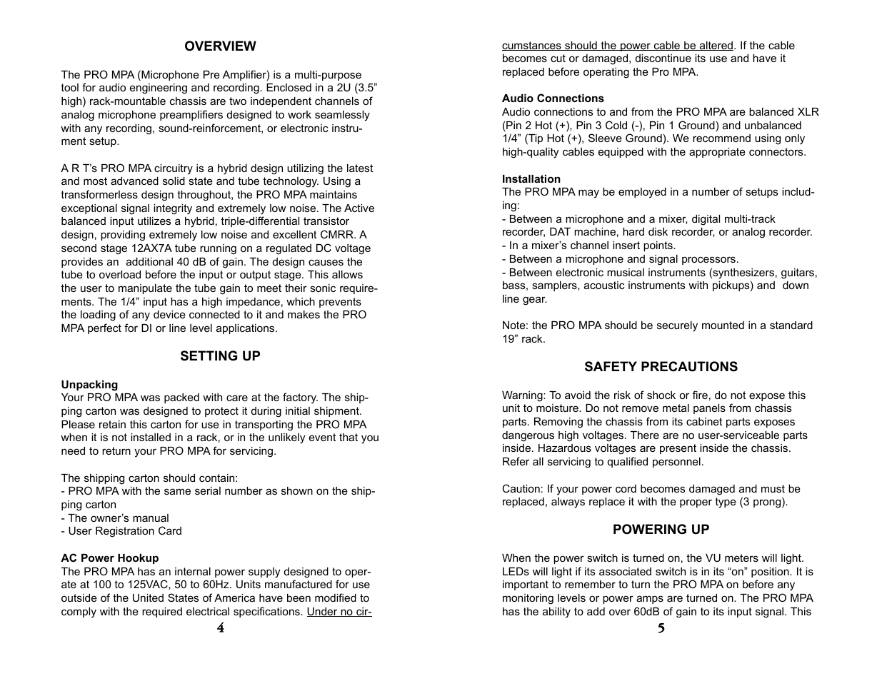 Overview, Setting up, Unpacking | Ac power hookup, Audio connections, Installation, Safety precautions, Powering up | ART Pro Audio Pro MPA - Two Channel Micrpophone Preamp User Manual | Page 4 / 8
