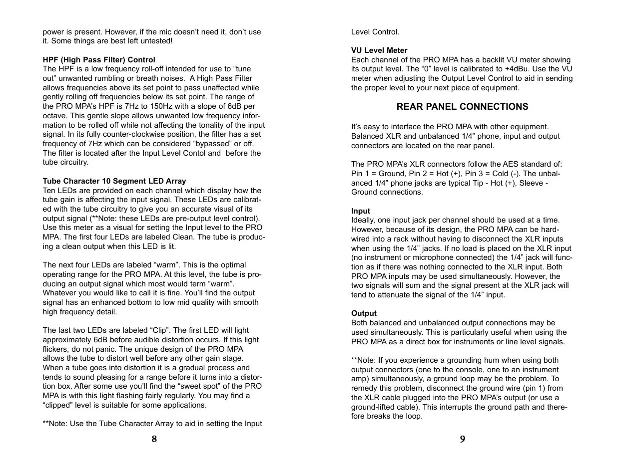 Hpf control, 10 segment tube character array, Vu meter | Rear panel connections, Input, Output | ART Pro Audio Pro MPA - Two Channel Micrpophone Preamp User Manual | Page 6 / 8