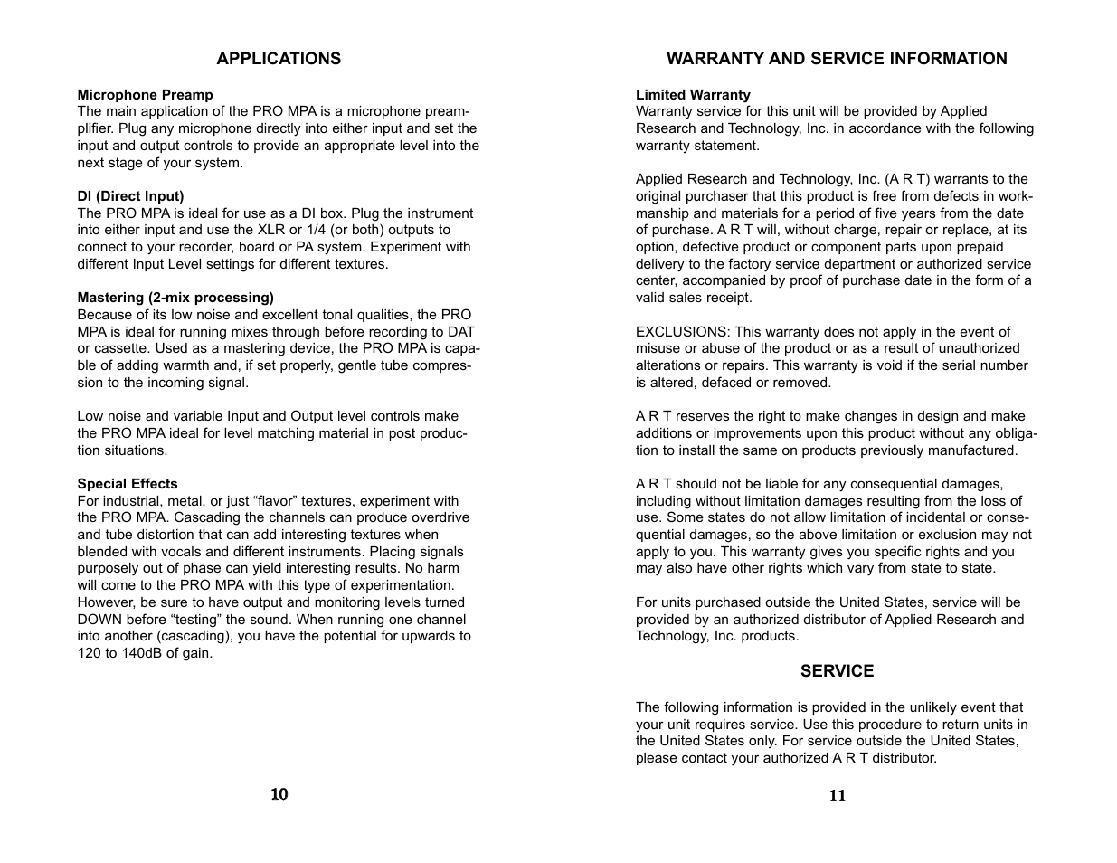 Applications, Warranty information, Service information | ART Pro Audio Pro MPA - Two Channel Micrpophone Preamp User Manual | Page 7 / 8