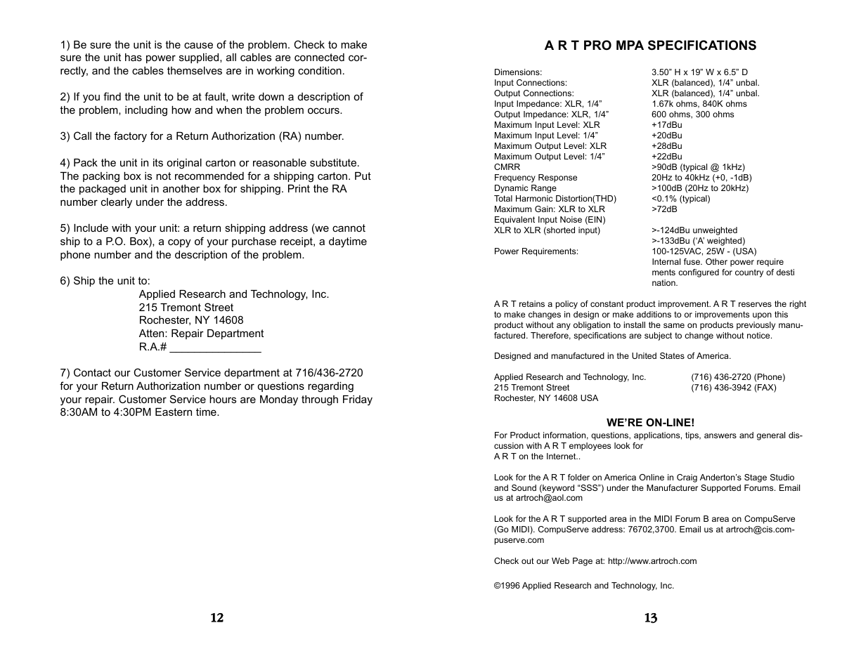 Pro mpa specifications, On0line information, Service information | On-line information, A r t pro mpa specifications | ART Pro Audio Pro MPA - Two Channel Micrpophone Preamp User Manual | Page 8 / 8